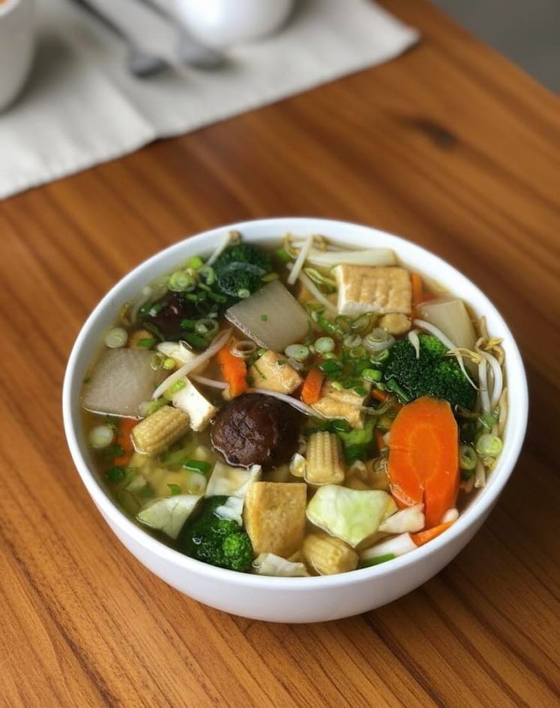 A white bowl of vegetable soup with tofu, mushrooms, carrots, broccoli, and baby corn.